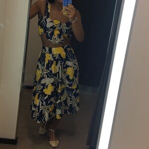 Zara Black Floral Tiered Maxi Skirt with Yellow and Tan Print